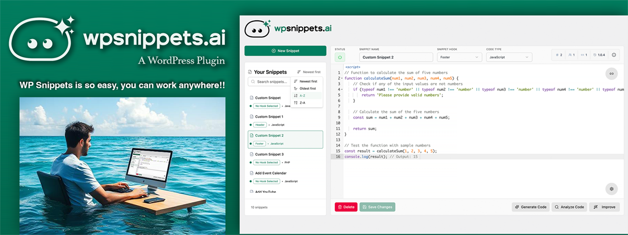 WP Snippets AI plugin for WordPress
